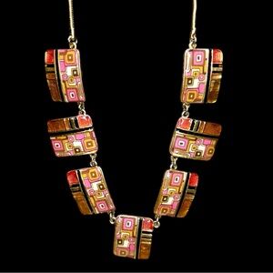 Vintage Necklace Enamel MCM Mid Century Geometric Panel Gold Tone Mod 16” - 18”